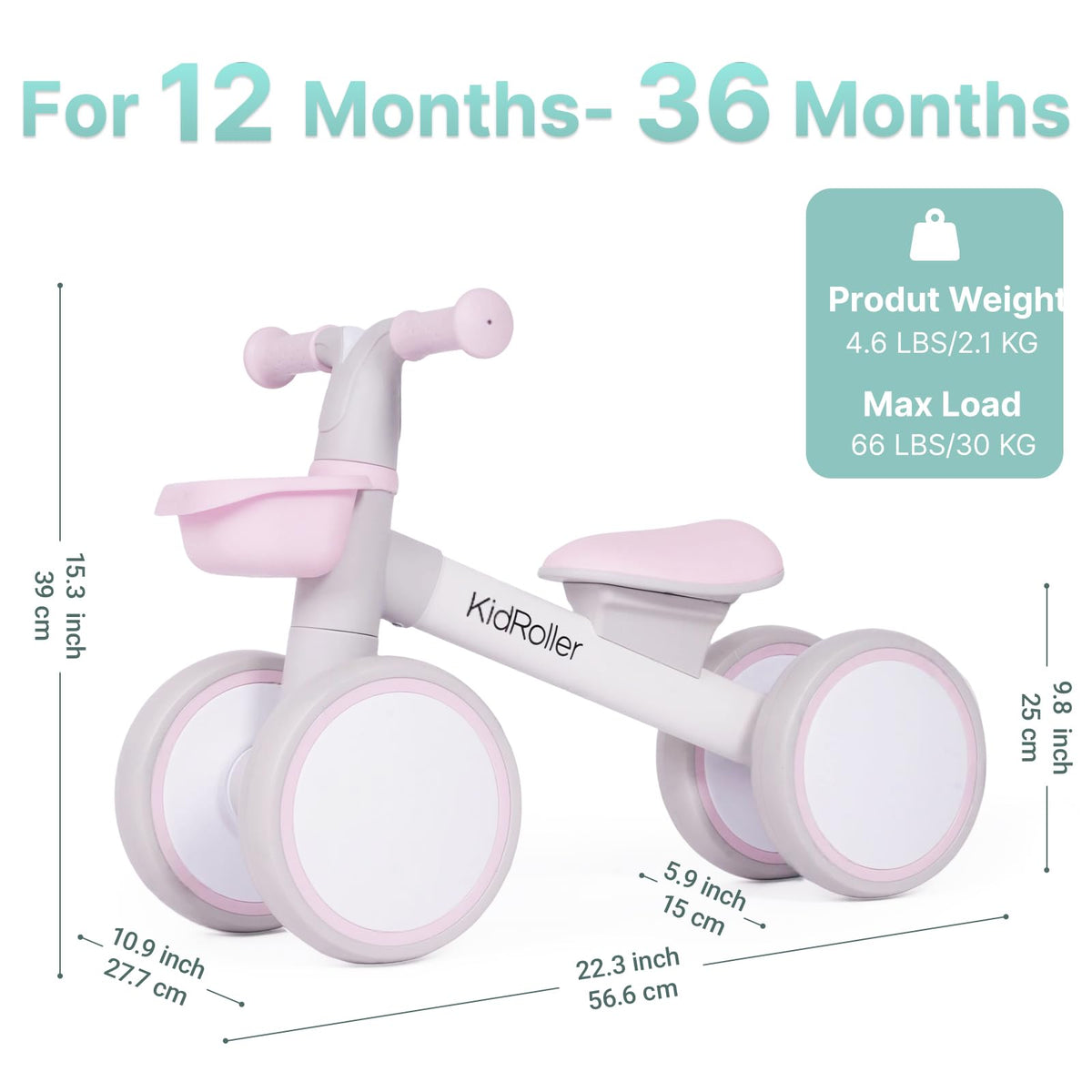 Pink Toddler Balance Bike with Adjustable Seat and Front Basket J815