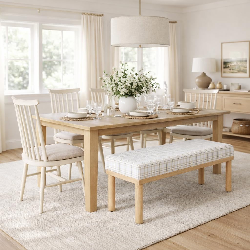 Natural Plaid Woven Fabric Bench Y2684