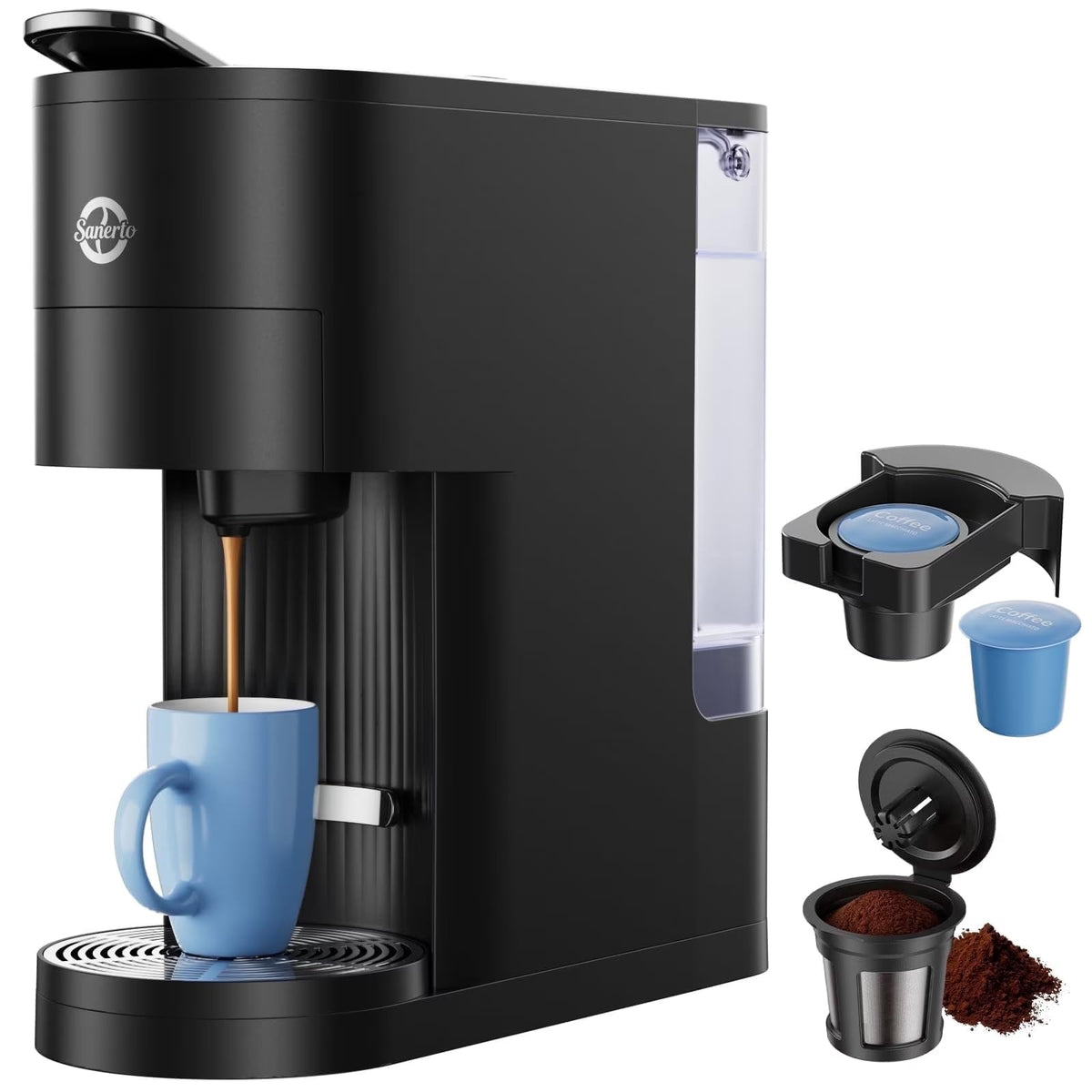 Single Serve Coffee Maker with K Cup Capsules & Grounds, Black L145