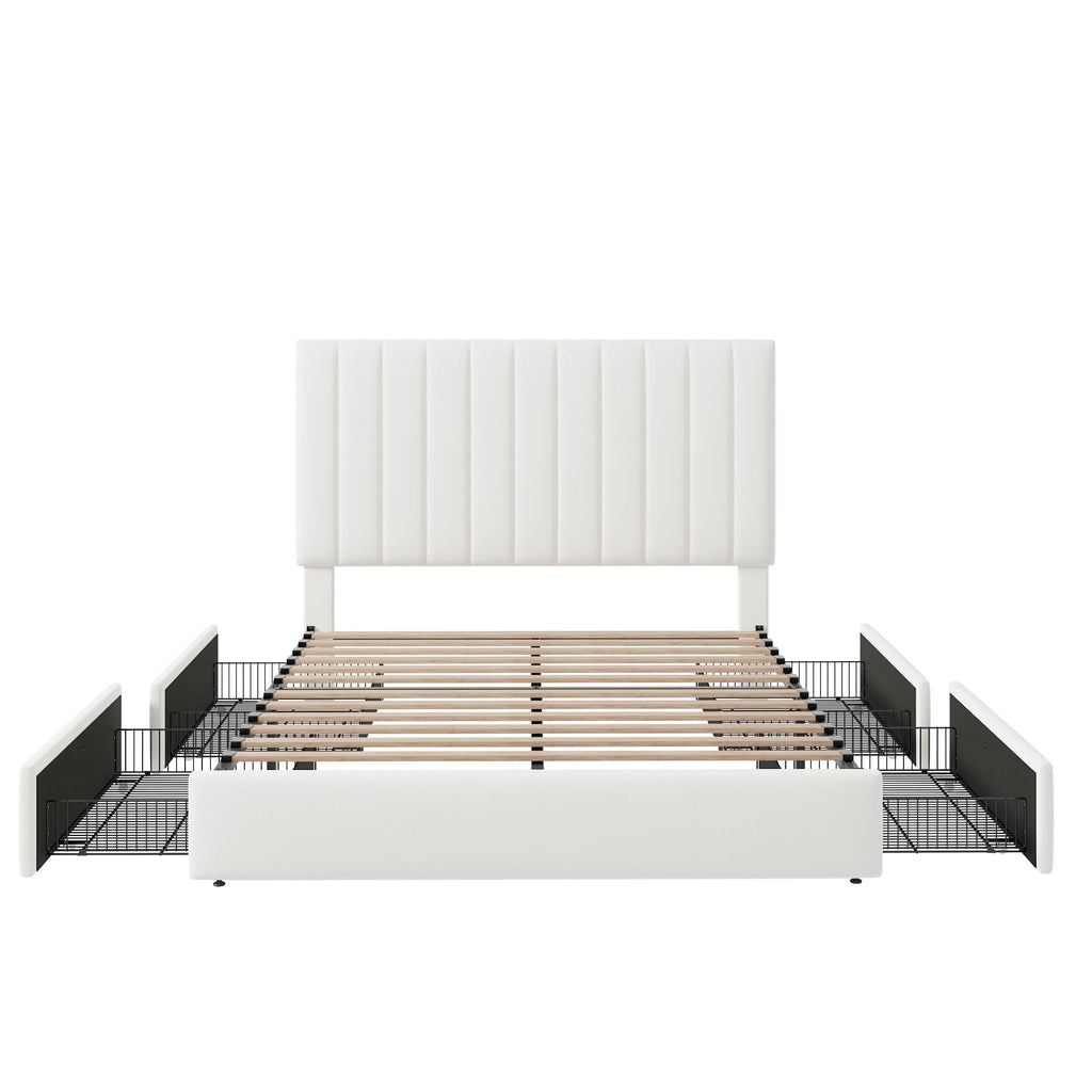 White Velvet Queen Size Storage Bed Frame with 4 Underbed Drawers C170920