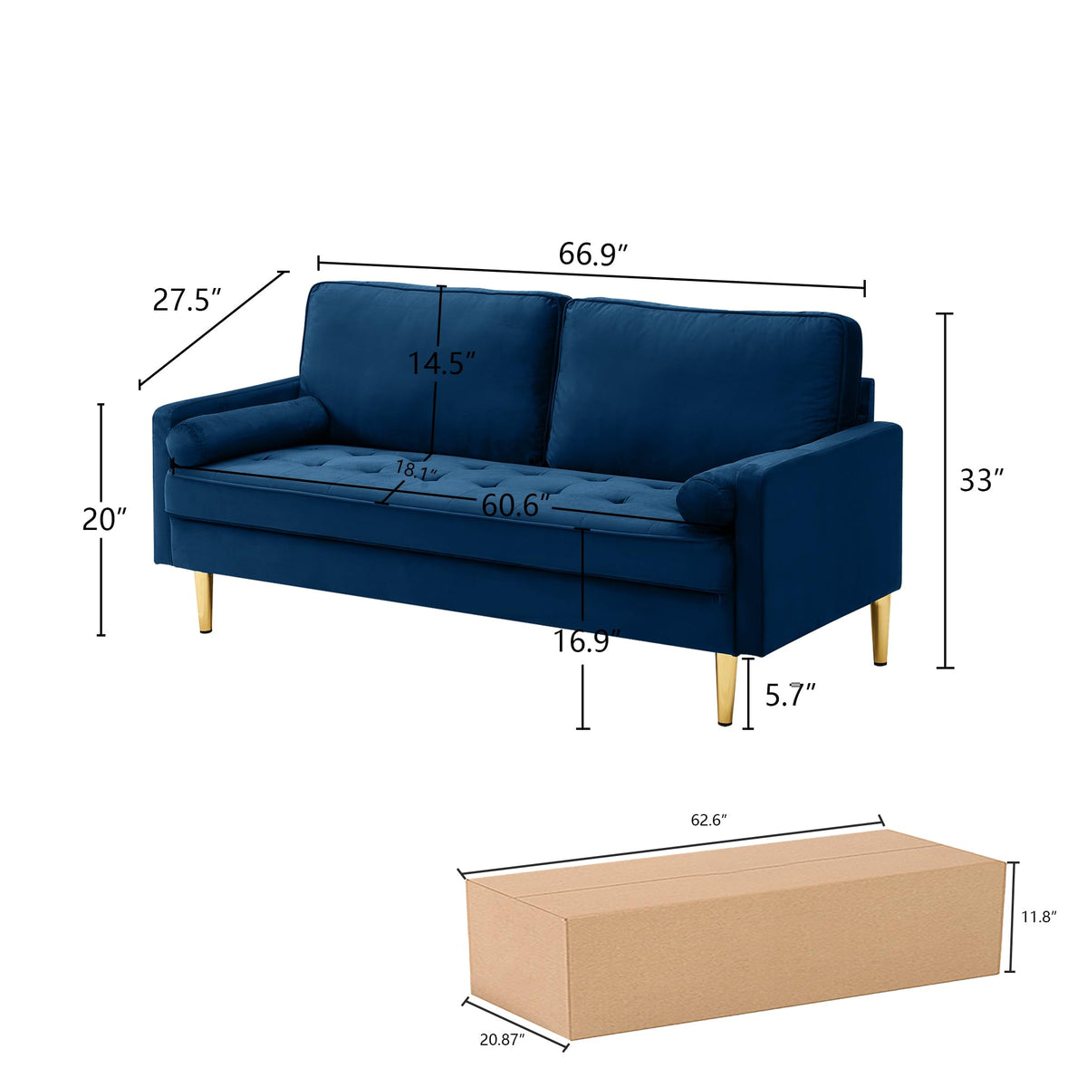 Navy Velvet Loveseat Sofa with 2 Pillows U7695