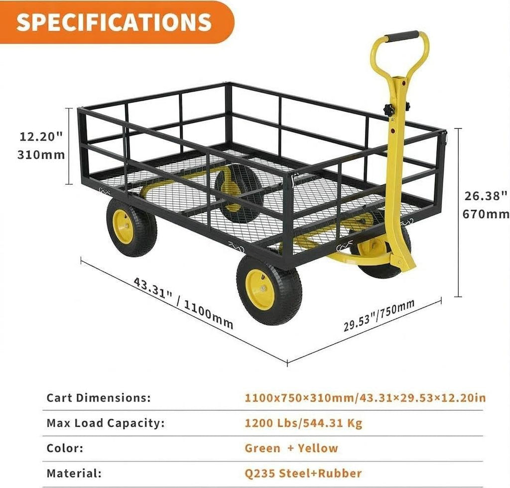 Heavy Duty Steel Garden Cart, 1200 LBS Load Capacity Wagon with 10 inch Tire and Rotating Handle, Black R105