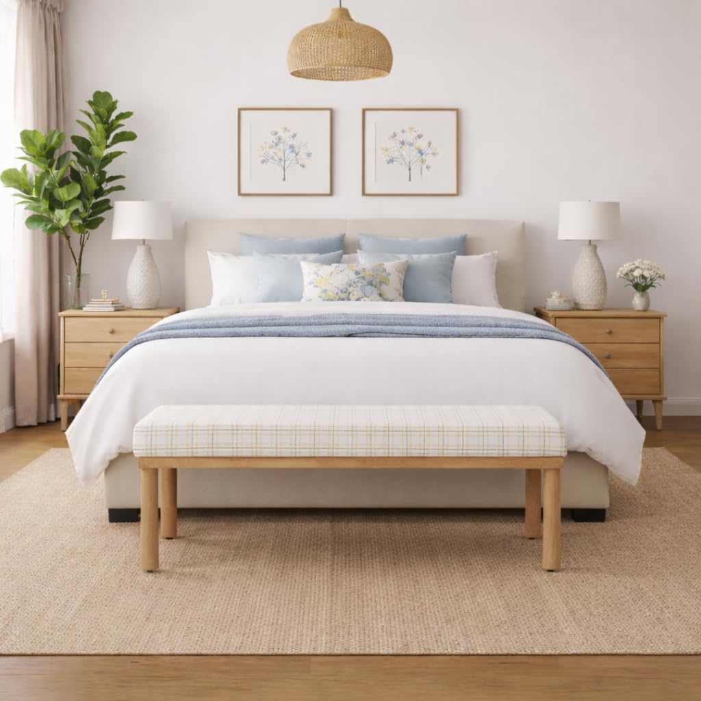 Natural Plaid Woven Fabric Bench Y2684