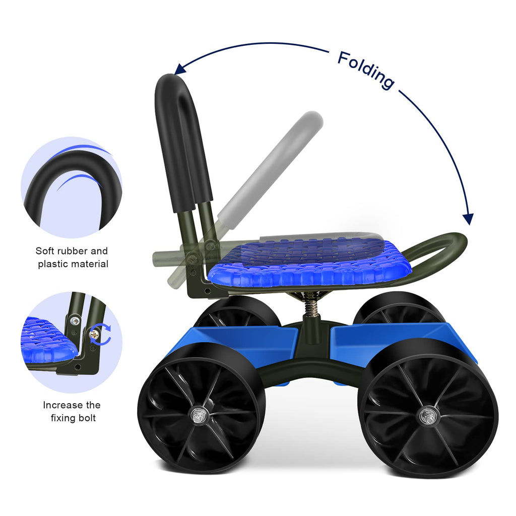 Blue Rolling Garden Cart with Four Wheels and Tool Bag P492