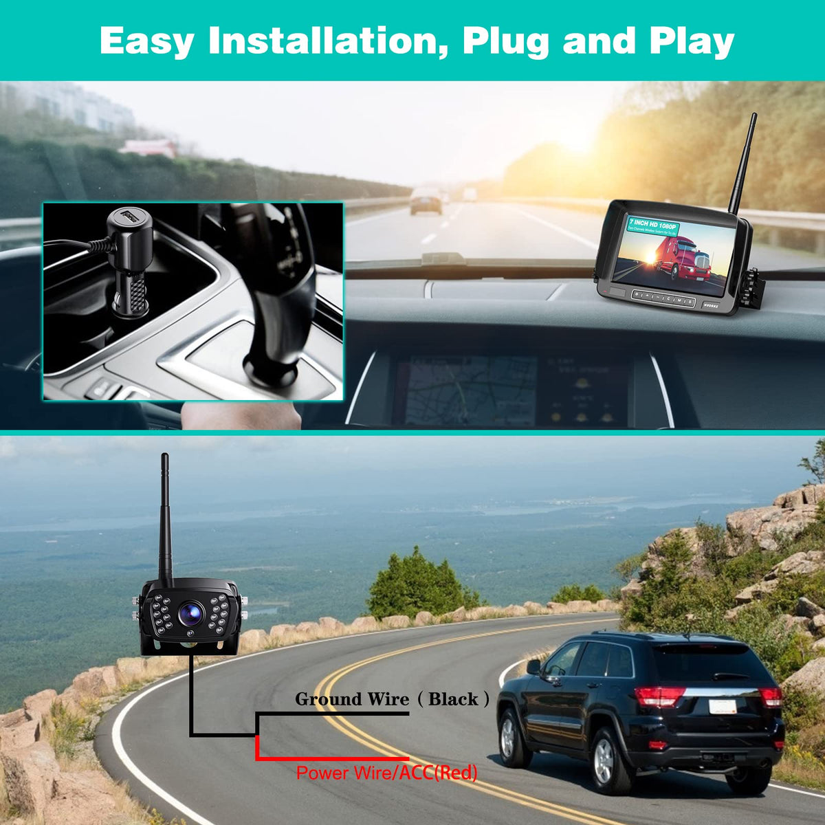 Wireless Backup Camera 7 Inch Monitor Rear View Camera System IP69 Waterproof Night Vision U59457