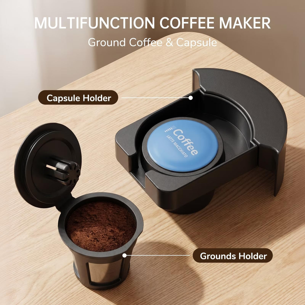 Single Serve Coffee Maker with K Cup Capsules & Grounds, Black L145