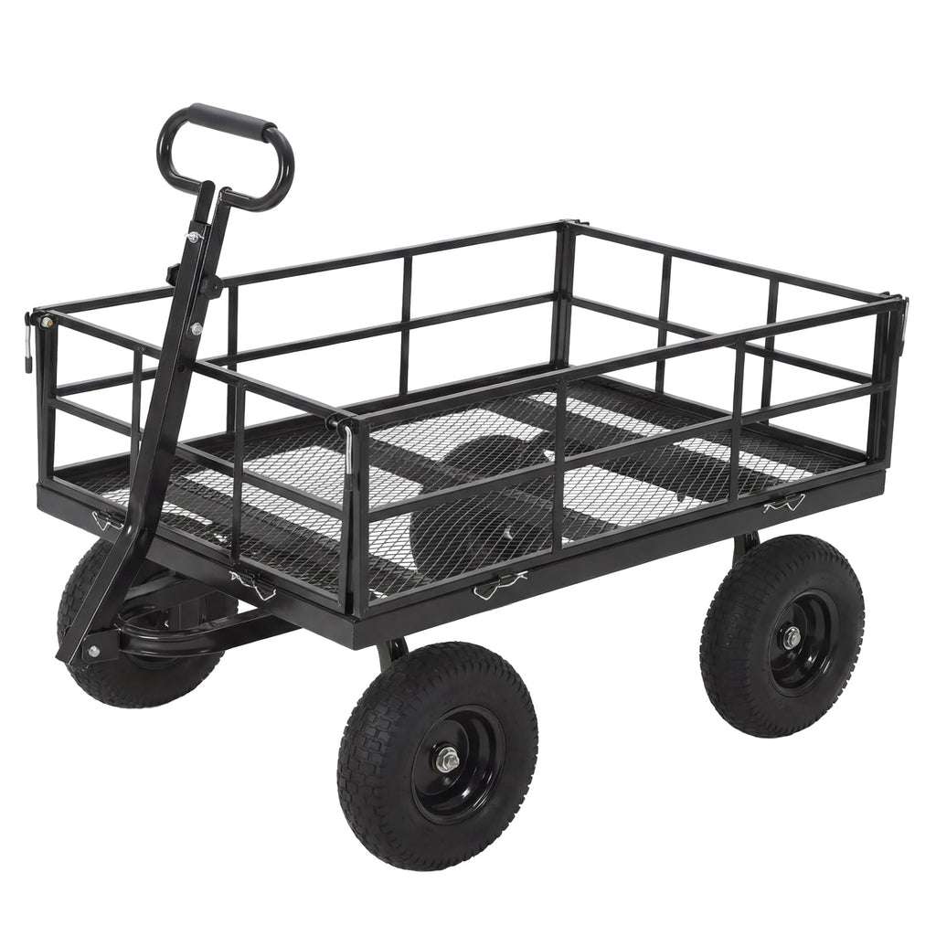 Heavy Duty Steel Garden Cart, 1200 LBS Load Capacity Wagon with 10 inch Tire and Rotating Handle, Black R105