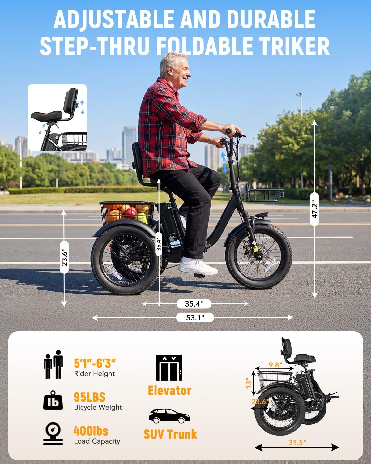 Electric Tricycle for Adults, 18"x3.0" Folding Step-Thru E Trike with 1200W Brushless Motor 48V 499.2Wh Removable Battery Q5131