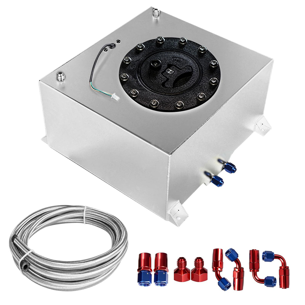 5 Gallon Polished Aluminum Fuel Cell with Cap Level Sender 6AN 12FT Fuel Line Kit G719676