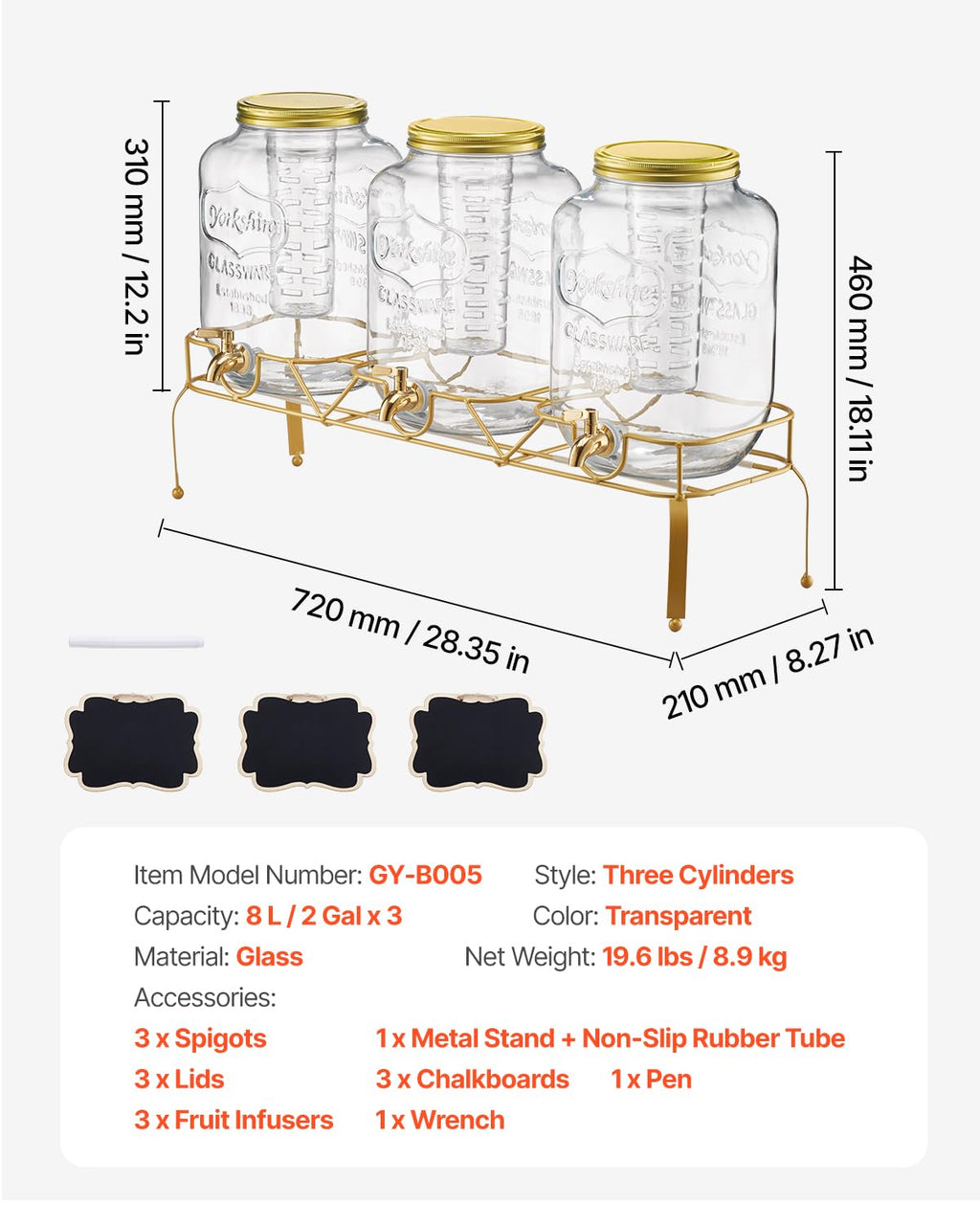 3 Pack 2 Gallon Glass Beverage Dispenser with Metal Stand S625196