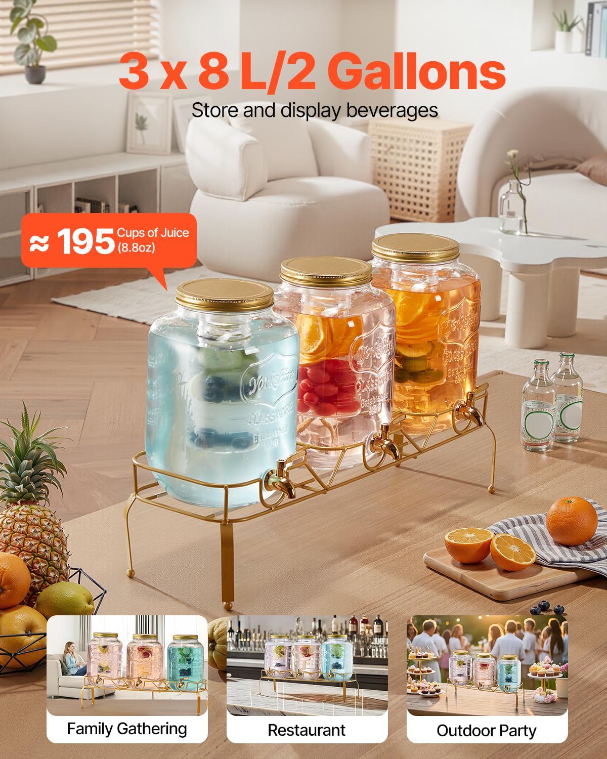 3 Pack 2 Gallon Glass Beverage Dispenser with Metal Stand S625196