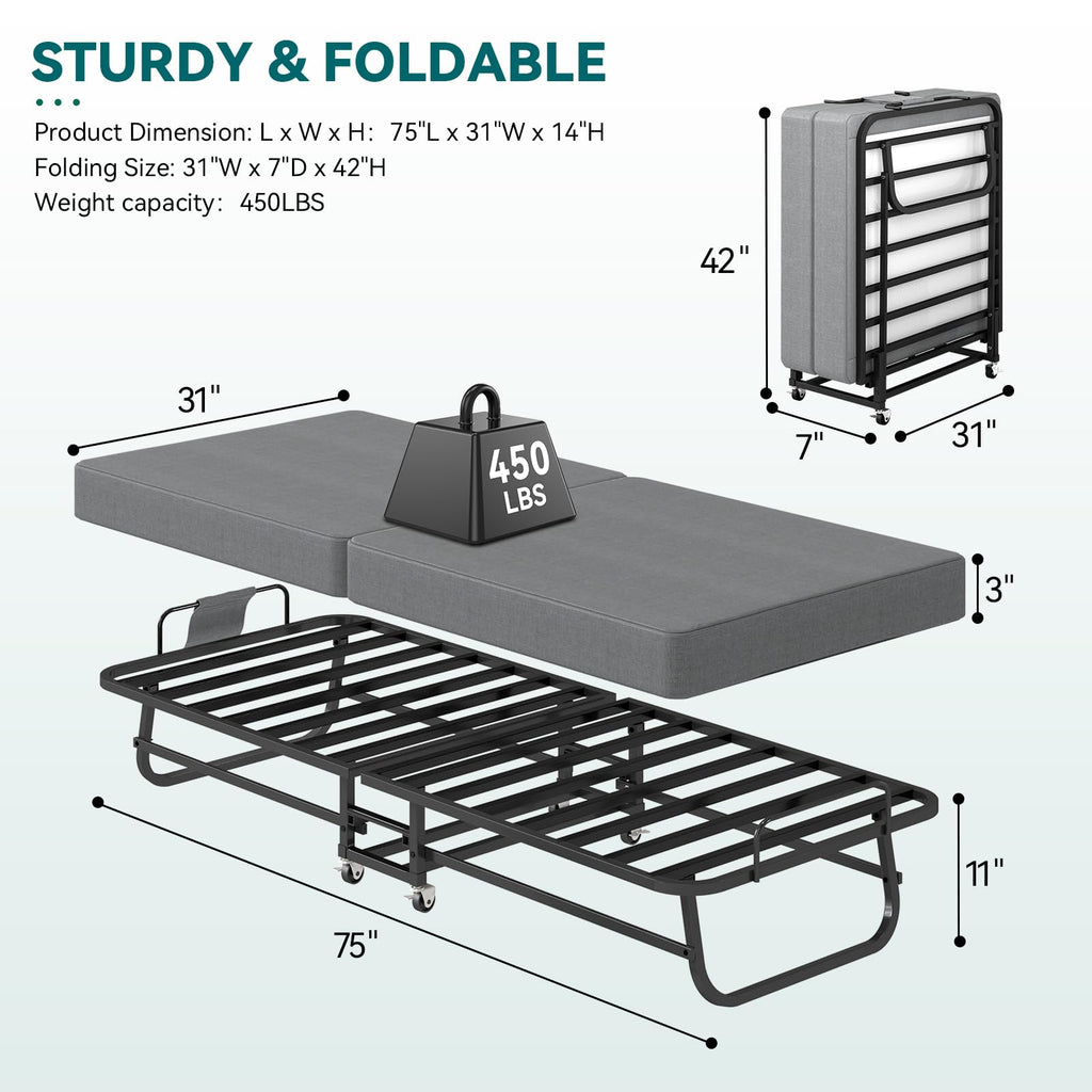 Folding Bed on Wheels 75" x 31" K7677