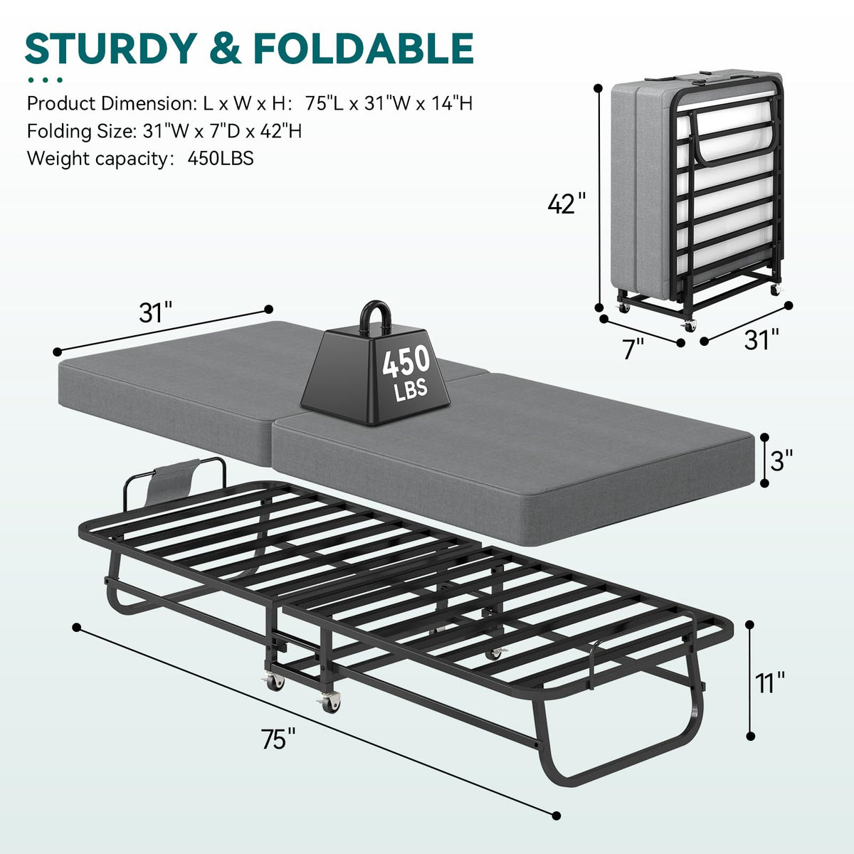 Folding Bed on Wheels 75" x 31" K7677