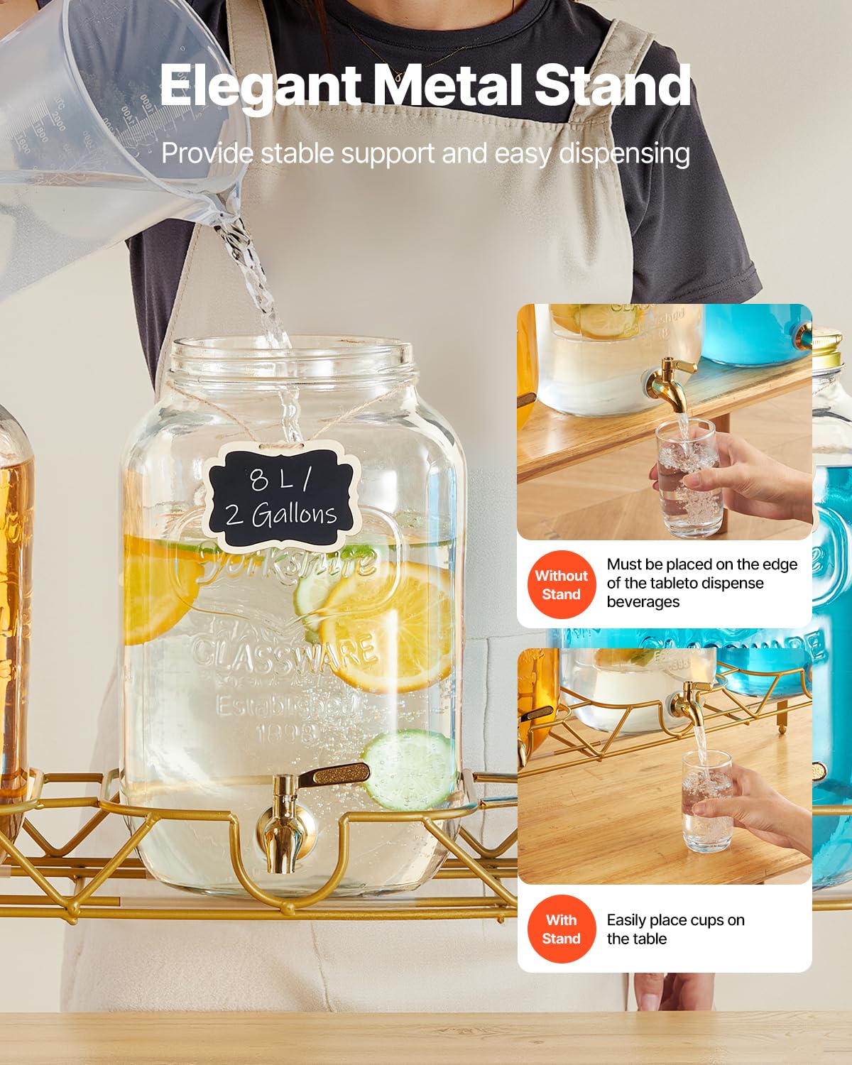 3 Pack 2 Gallon Glass Beverage Dispenser with Metal Stand S625196