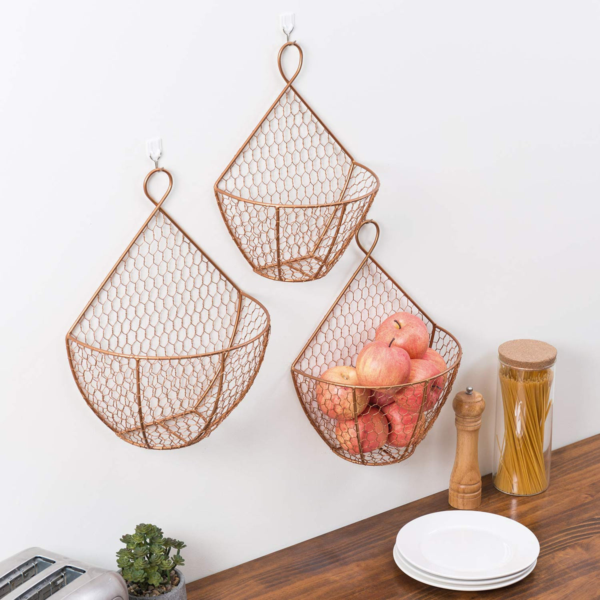 Set of 3 Copper Metal Wire Mesh Wall Hanging Baskets S80362