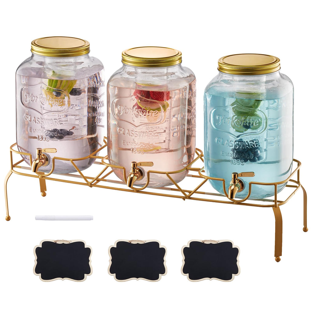 3 Pack 2 Gallon Glass Beverage Dispenser with Metal Stand S625196