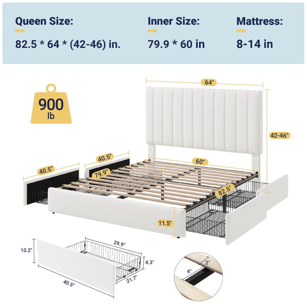 White Velvet Queen Size Storage Bed Frame with 4 Underbed Drawers C170920
