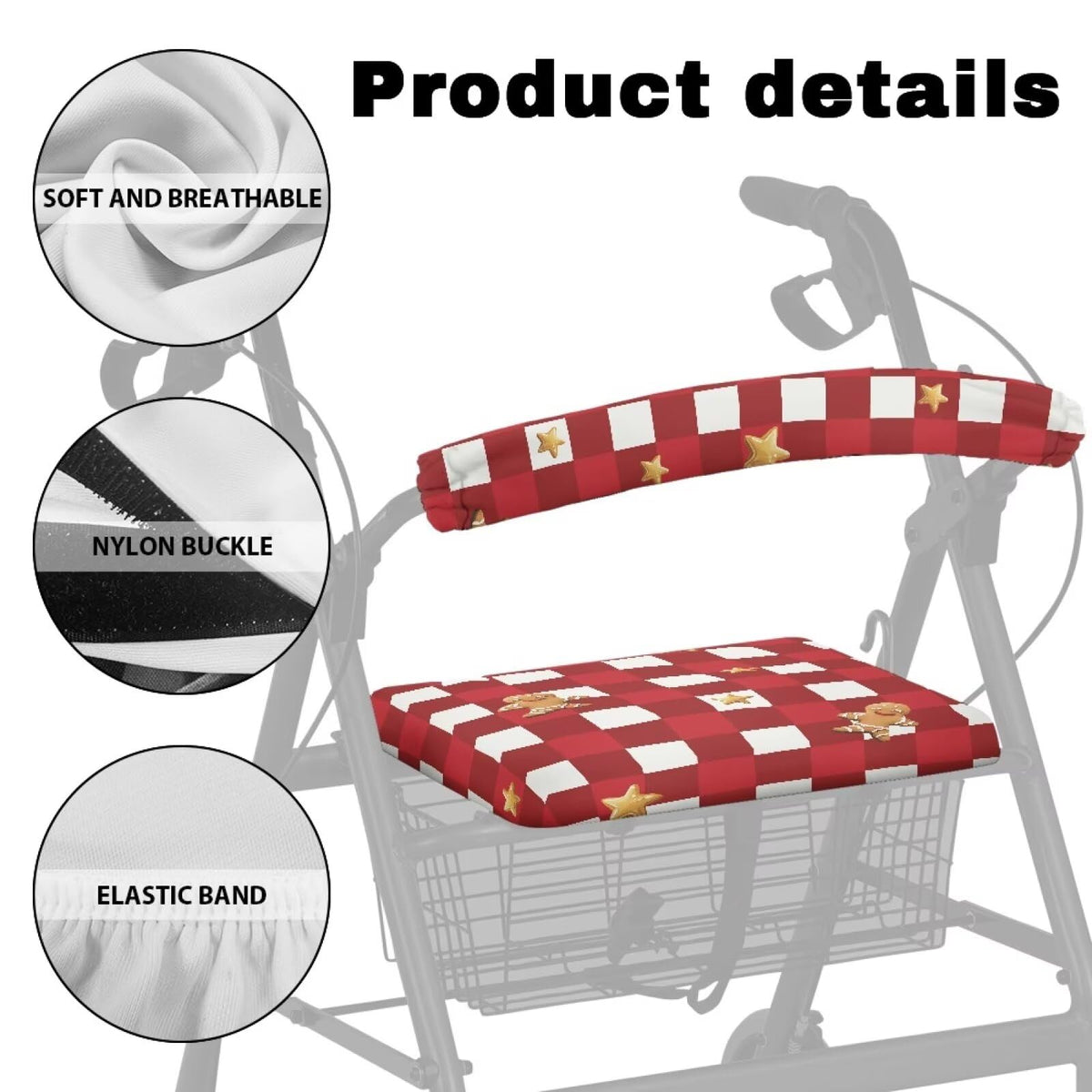 Red Lattice Rollator Walker Accessories Seat and Backrest Rollbar Covers Washable T3834