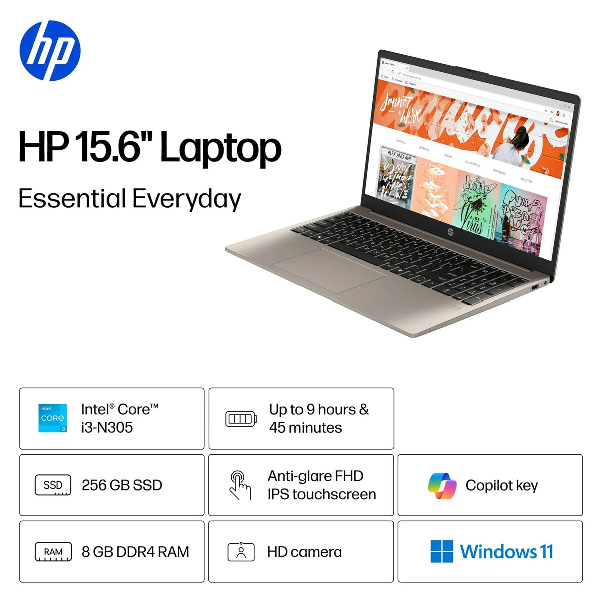 15.6 inch FHD IPS Touchscreen Laptop, Intel Core i3-N305, 8GB DDR4 RAM, 256GB SSD B94777