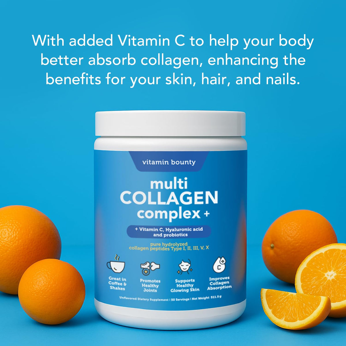 Multi Collagen Peptides Powder with Probiotics, Vitamin C & Hyaluronic Acid, 50 Servings R526