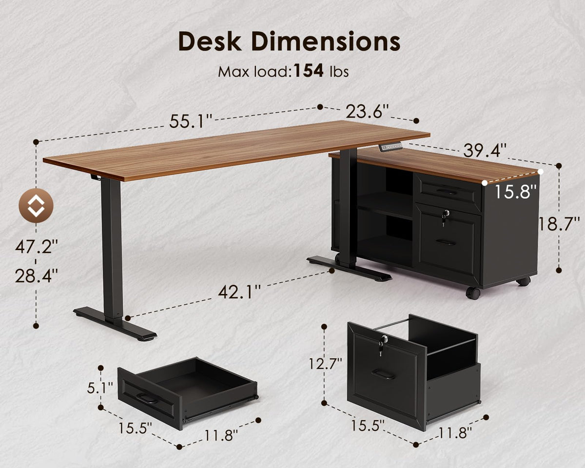 55" L Shaped Electric Standing Desk with Cabinet Sets K345077
