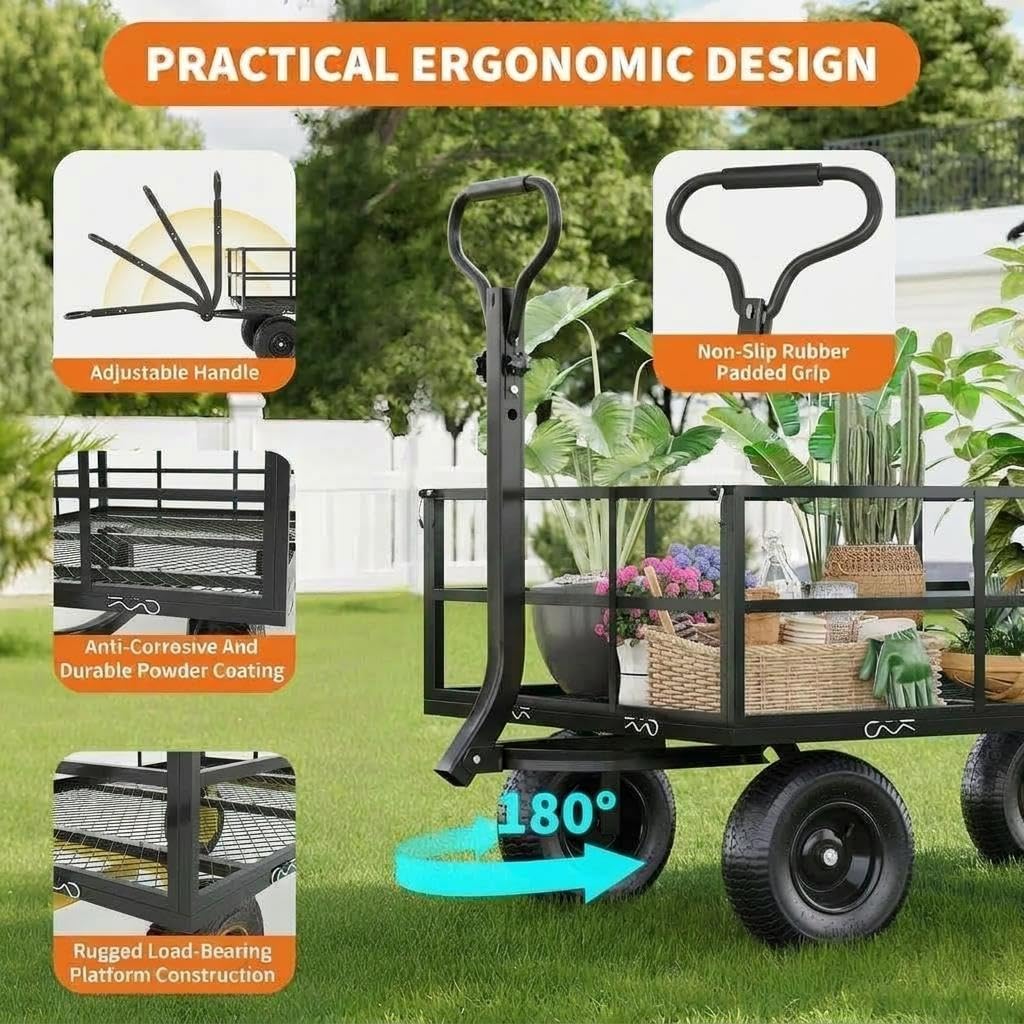 Heavy Duty Steel Garden Cart, 1200 LBS Load Capacity Wagon with 10 inch Tire and Rotating Handle, Black R105