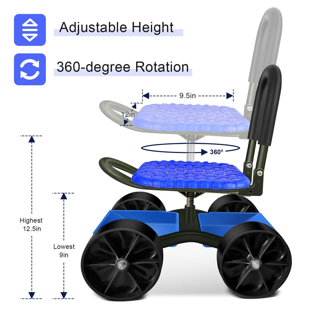 Blue Rolling Garden Cart with Four Wheels and Tool Bag P492