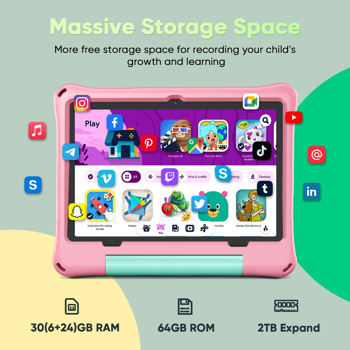 Kids Tablet 10 inch Octa-Core 30GB RAM 64GB ROM with Case Keyboard Mouse Stylus Pink L20927