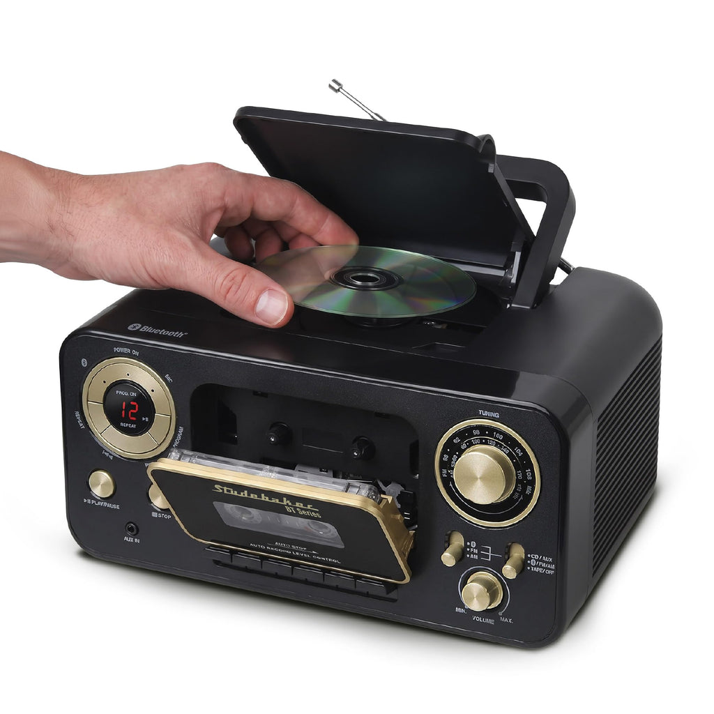 Portable CD Player with Bluetooth, AM/FM Stereo Radio & Cassette Player, Black & Gold I37377