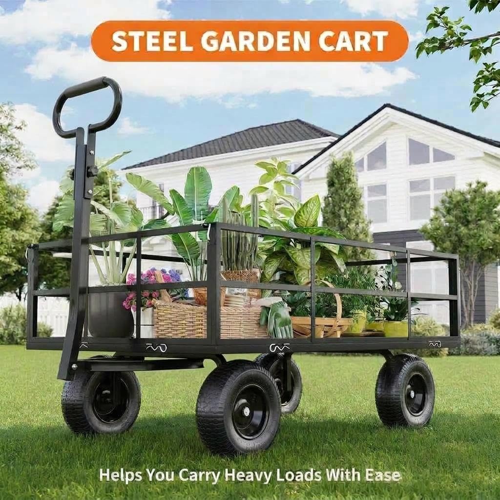 Heavy Duty Steel Garden Cart, 1200 LBS Load Capacity Wagon with 10 inch Tire and Rotating Handle, Black R105