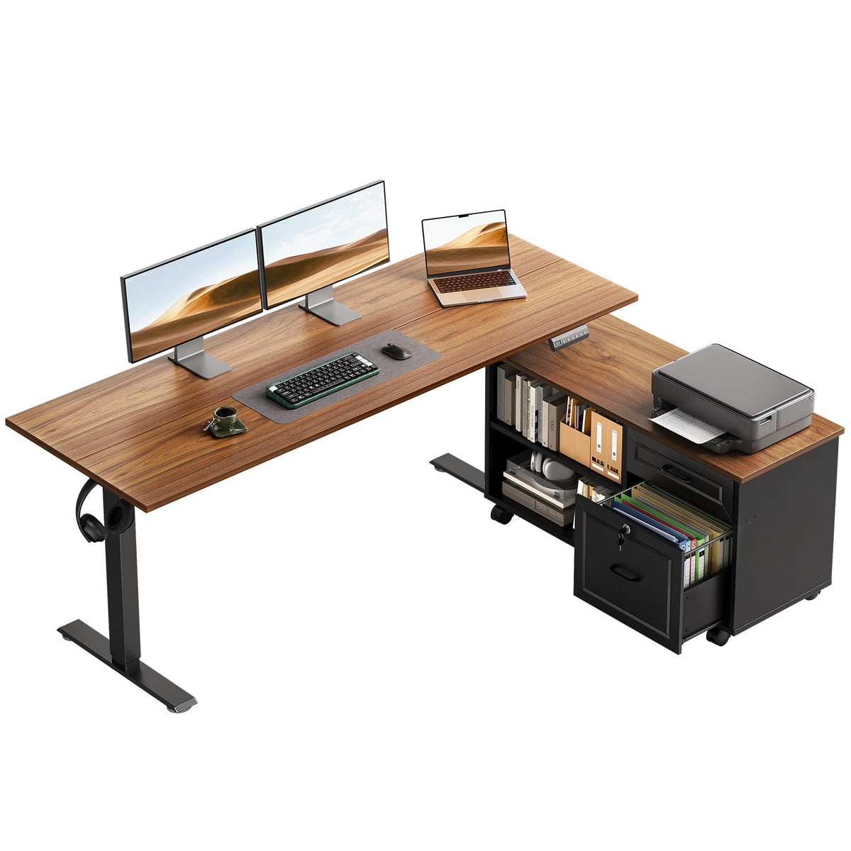55" L Shaped Electric Standing Desk with Cabinet Sets K345077