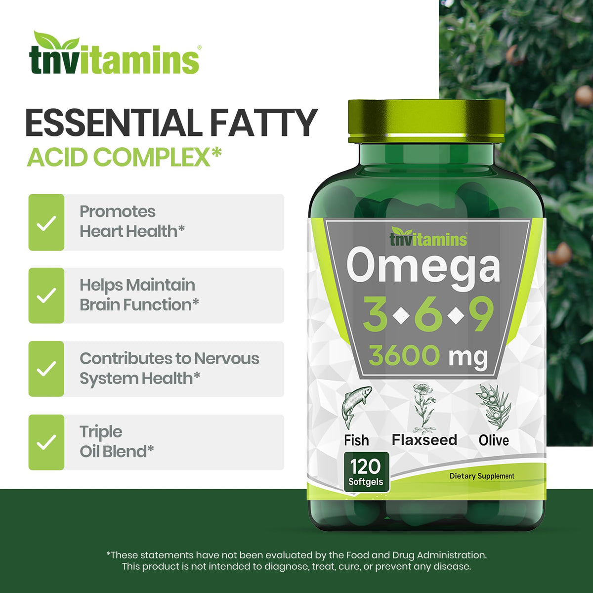 3600mg Omega 3 6 9 Softgels Fish Oil Flaxseed Olive Oil Z894131