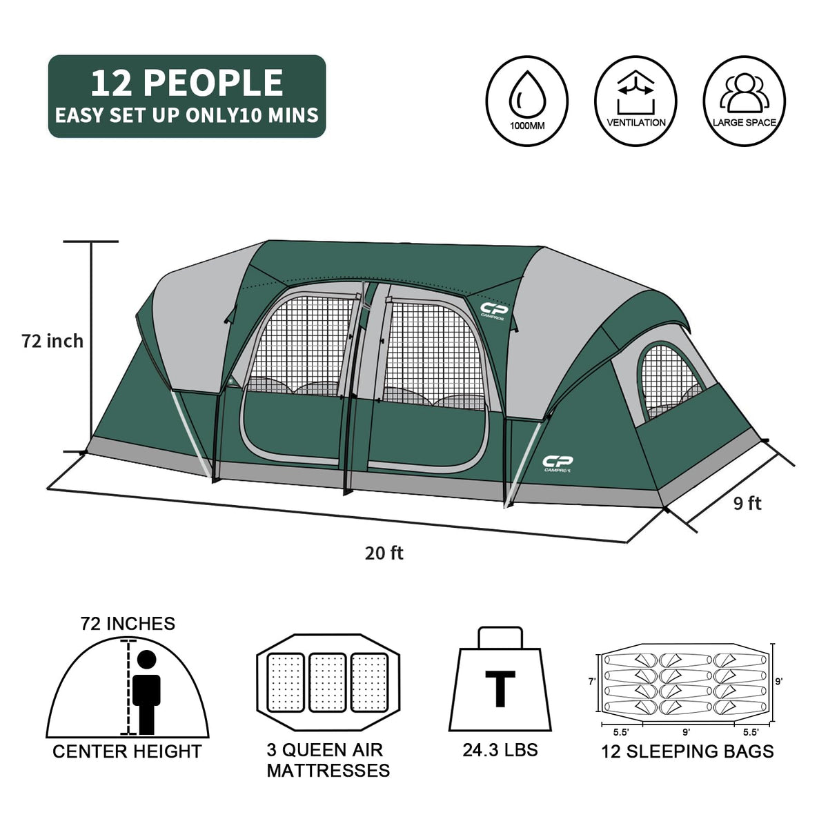 12 Person 3-Room Waterproof Camping Tent E2408
