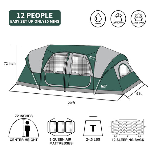 12 Person 3-Room Waterproof Camping Tent E2408