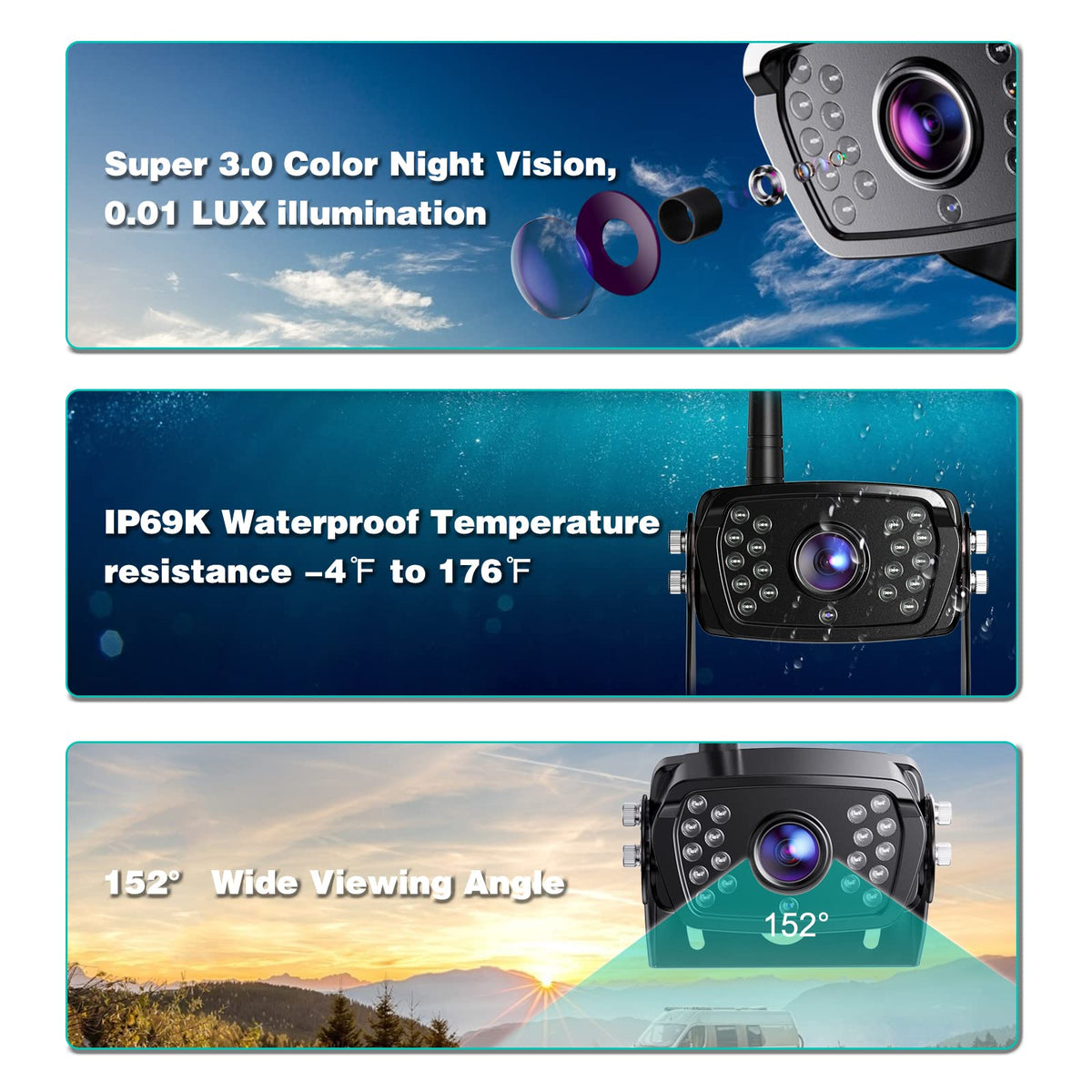 Wireless Backup Camera 7 Inch Monitor Rear View Camera System IP69 Waterproof Night Vision U59457