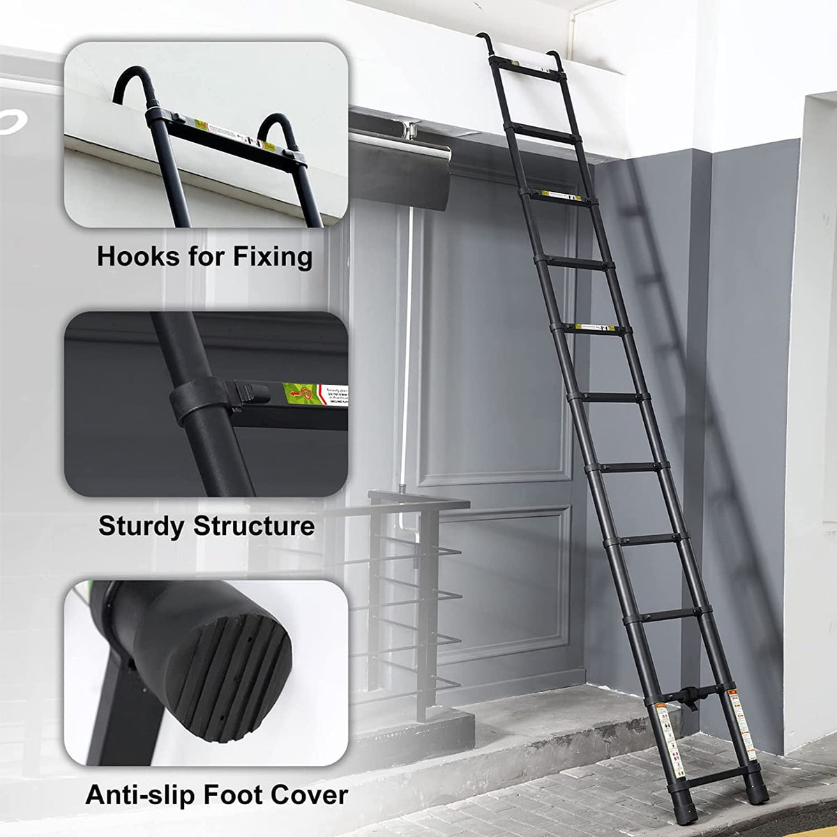 Black 20.3FT Aluminum Telescoping Ladder 330lbs Capacity N303744