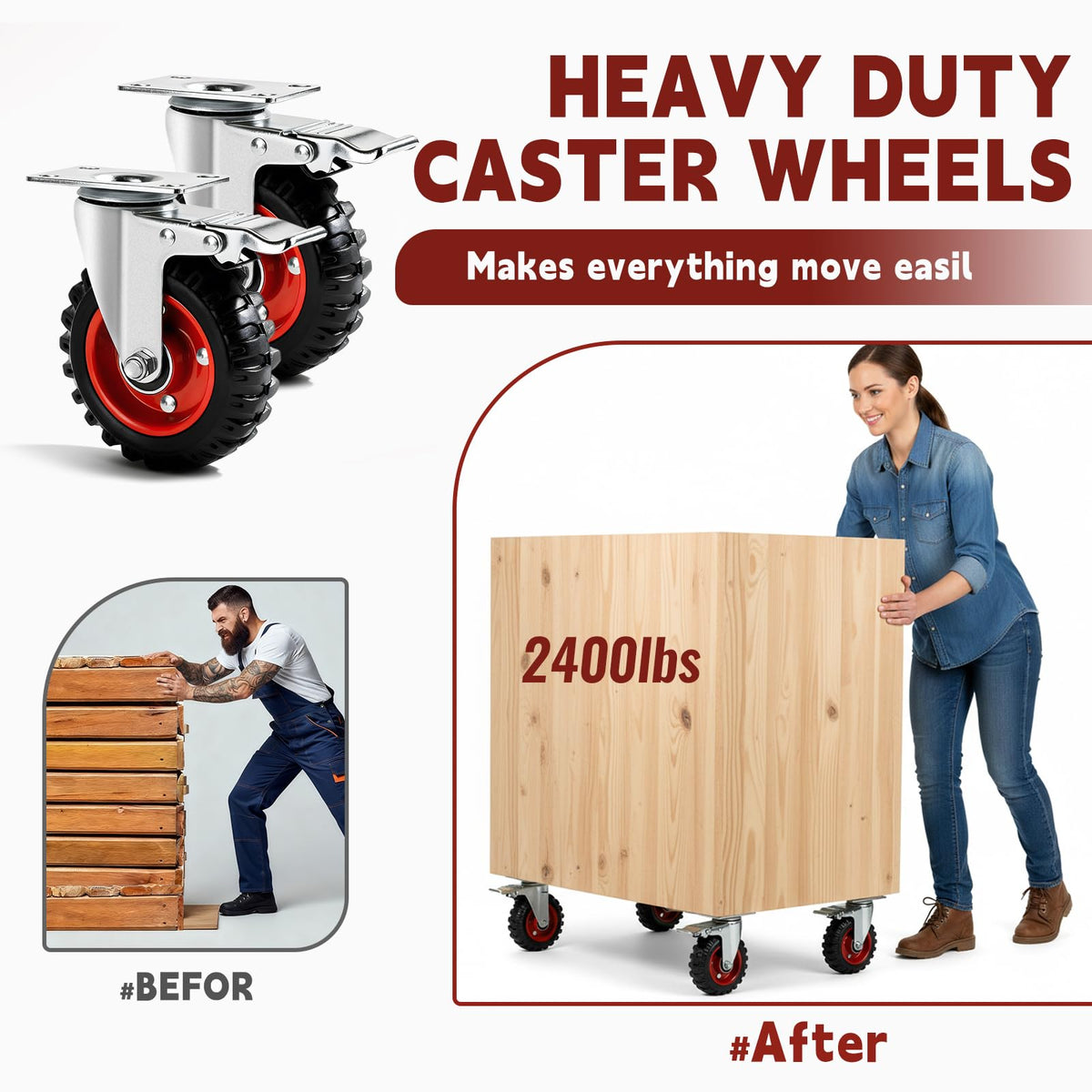 5 Inch Heavy Duty Casters Set of 4 Dual Locking Rubber Swivel Plate E95836