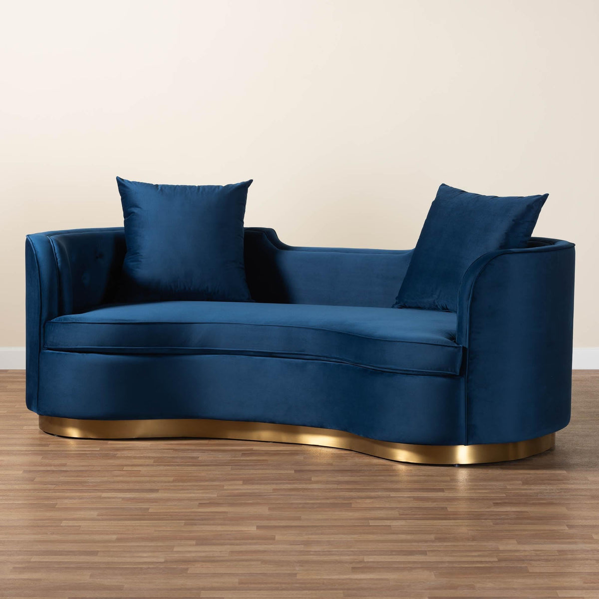 Navy Blue Velvet and Brushed Gold Metal Sofa J5020