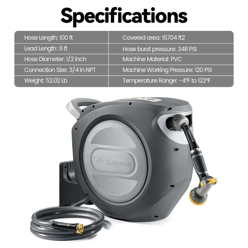 Retractable Garden Hose Reel 1/2 in x 100 ft Heavy Duty Wall Mount I417709