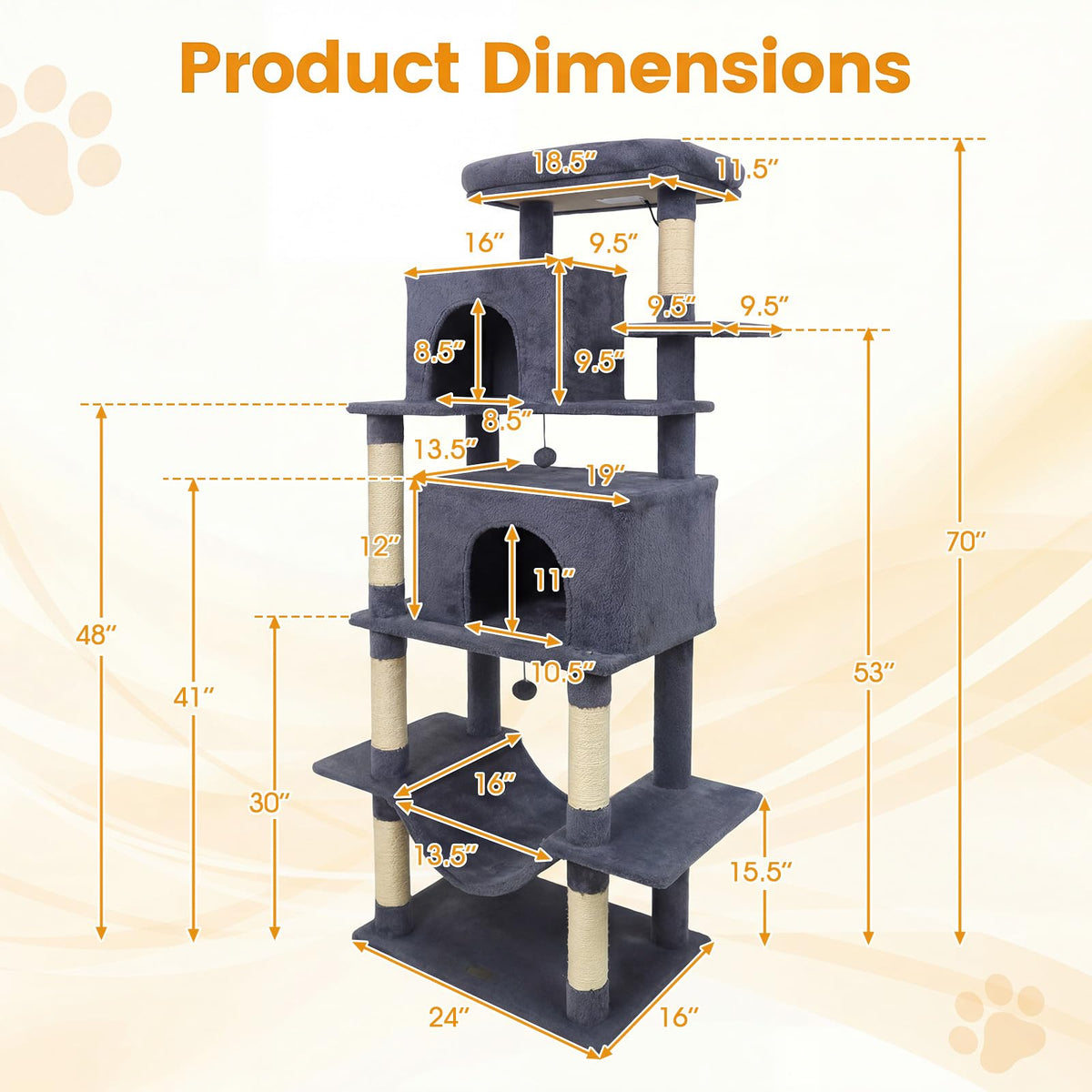 70-inch Multi-Level Cat Tree with Condos and Hammock U263