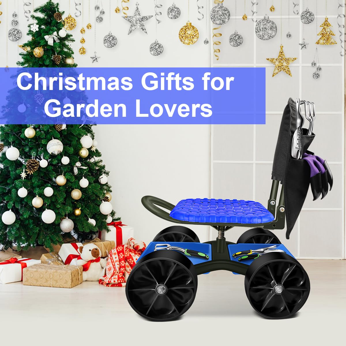 Blue Rolling Garden Cart with Four Wheels and Tool Bag P492