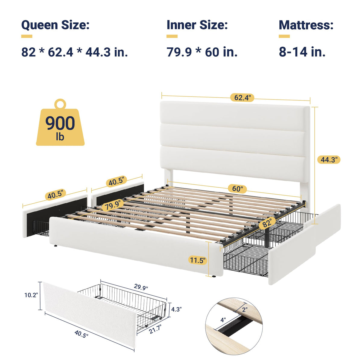 Queen Size Platform Bed Frame with 4 Storage Drawers X1483