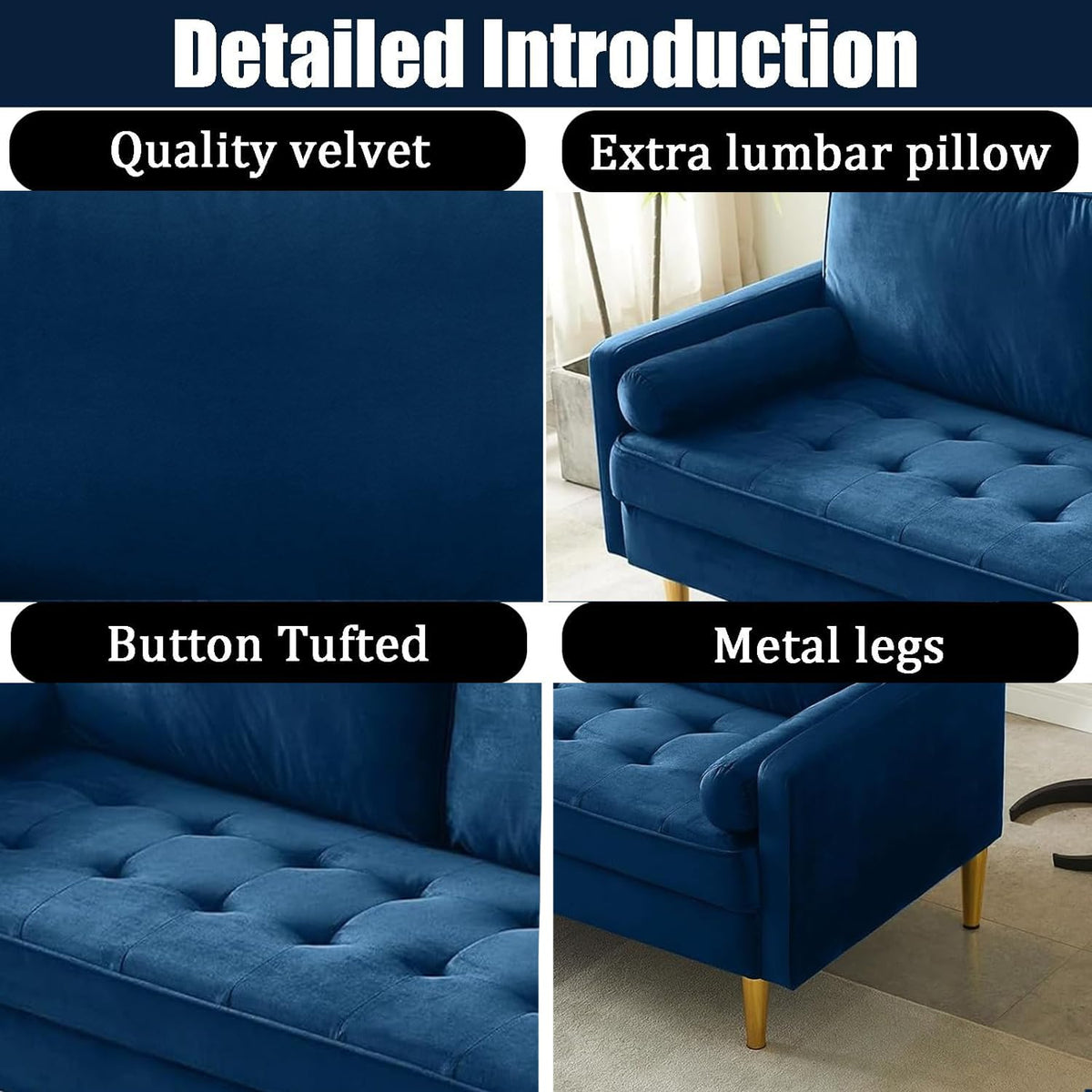 Navy Velvet Loveseat Sofa with 2 Pillows U7695