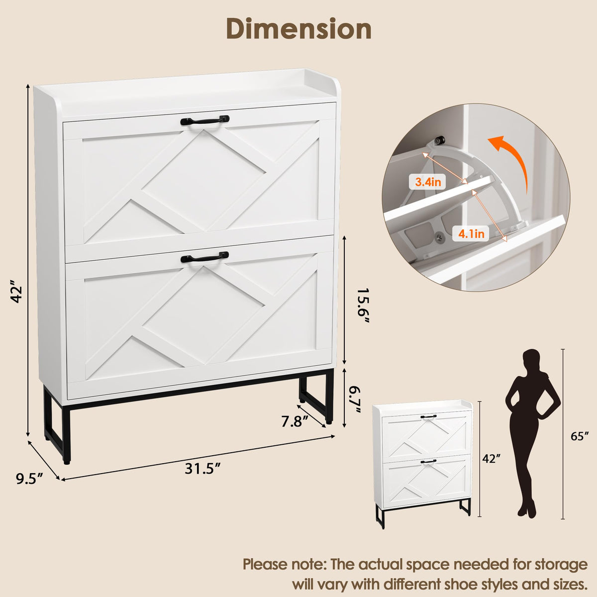 White 2 Flip Drawer Shoe Storage Cabinet F613