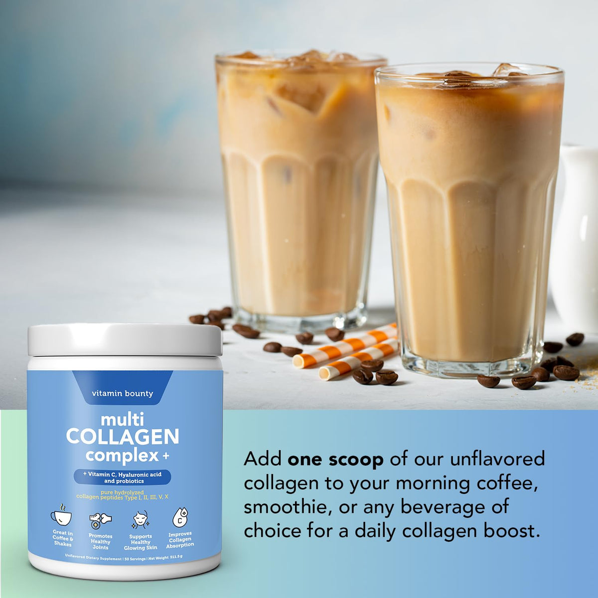 Multi Collagen Peptides Powder with Probiotics, Vitamin C & Hyaluronic Acid, 50 Servings R526