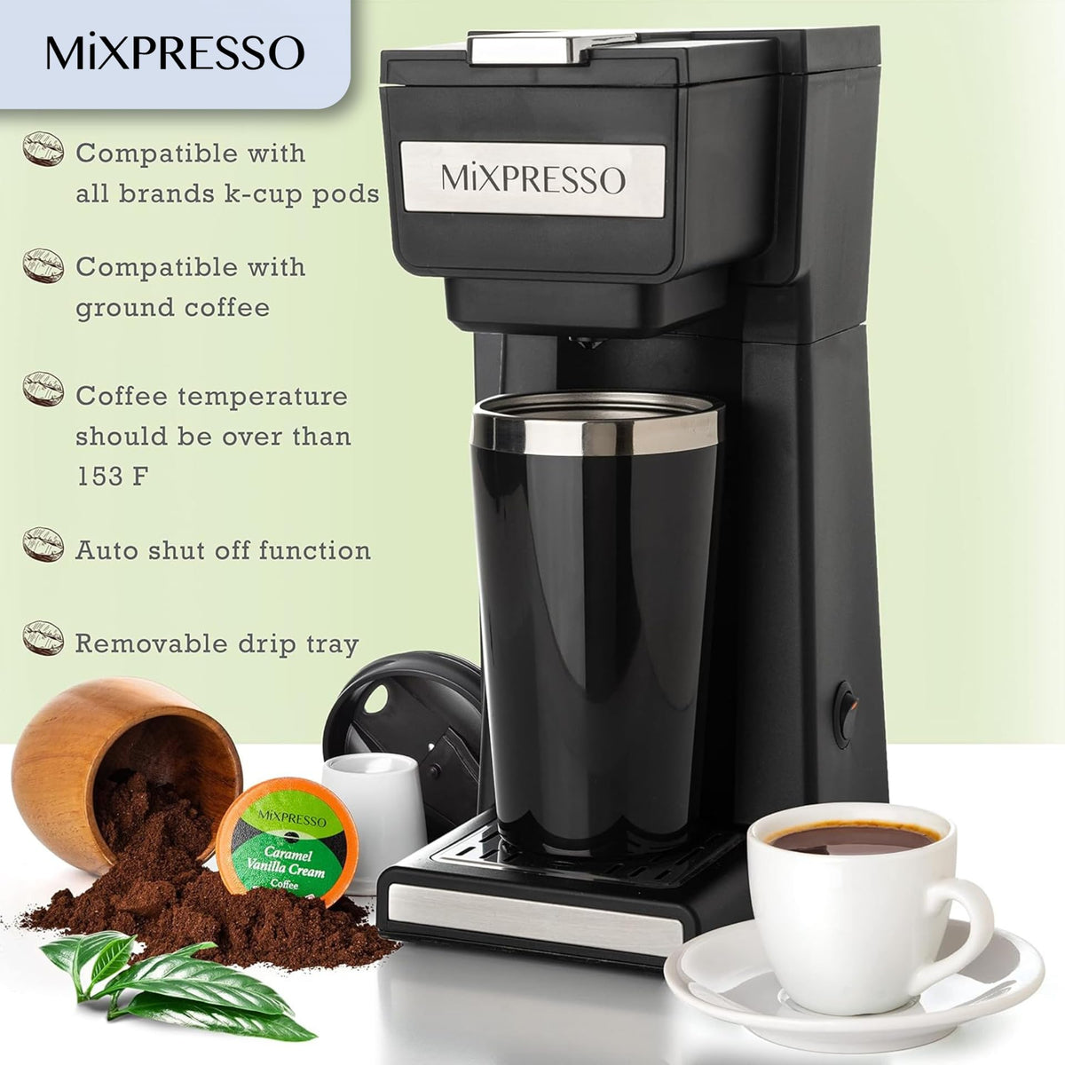 Single Serve Coffee Maker with 14oz Travel Mug & Reusable Filter Q935181