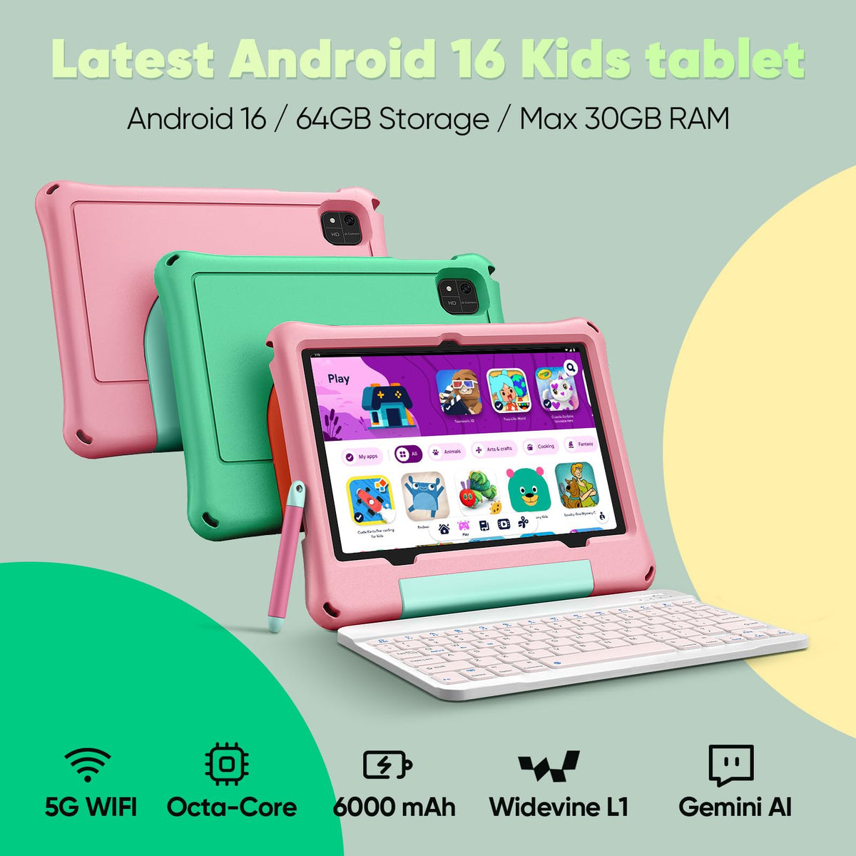 Kids Tablet 10 inch Octa-Core 30GB RAM 64GB ROM with Case Keyboard Mouse Stylus Pink L20927