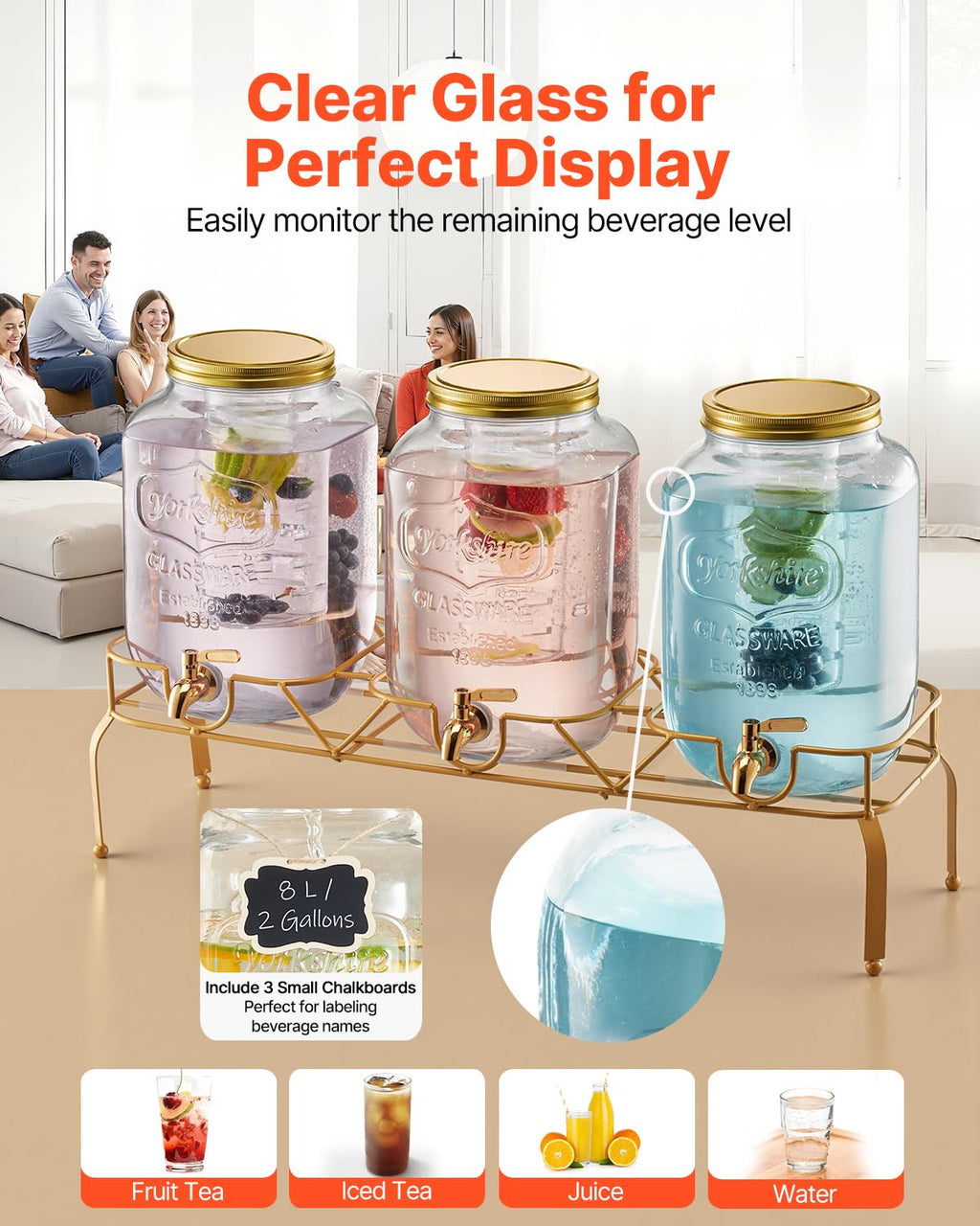 3 Pack 2 Gallon Glass Beverage Dispenser with Metal Stand S625196
