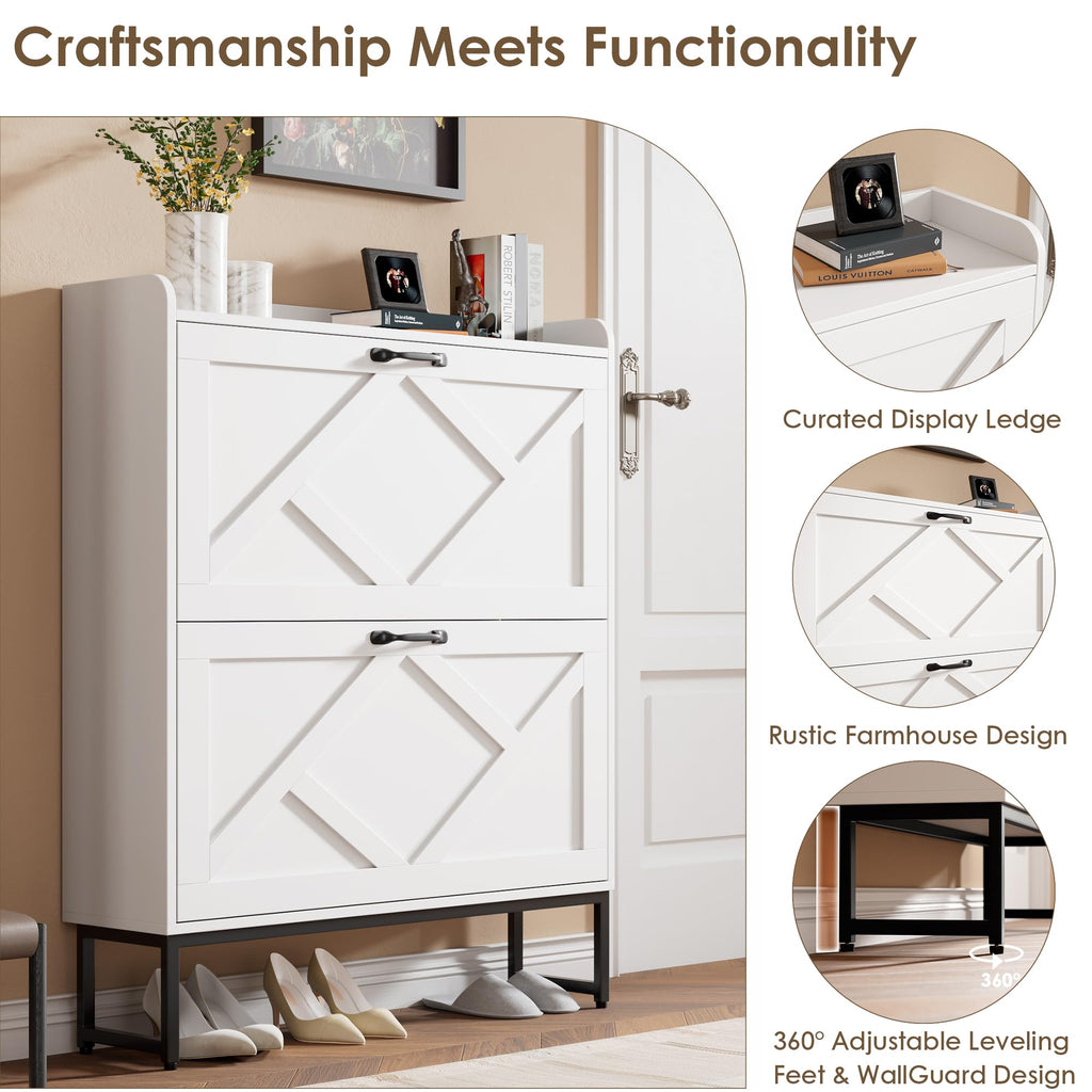 White 2 Flip Drawer Shoe Storage Cabinet F613