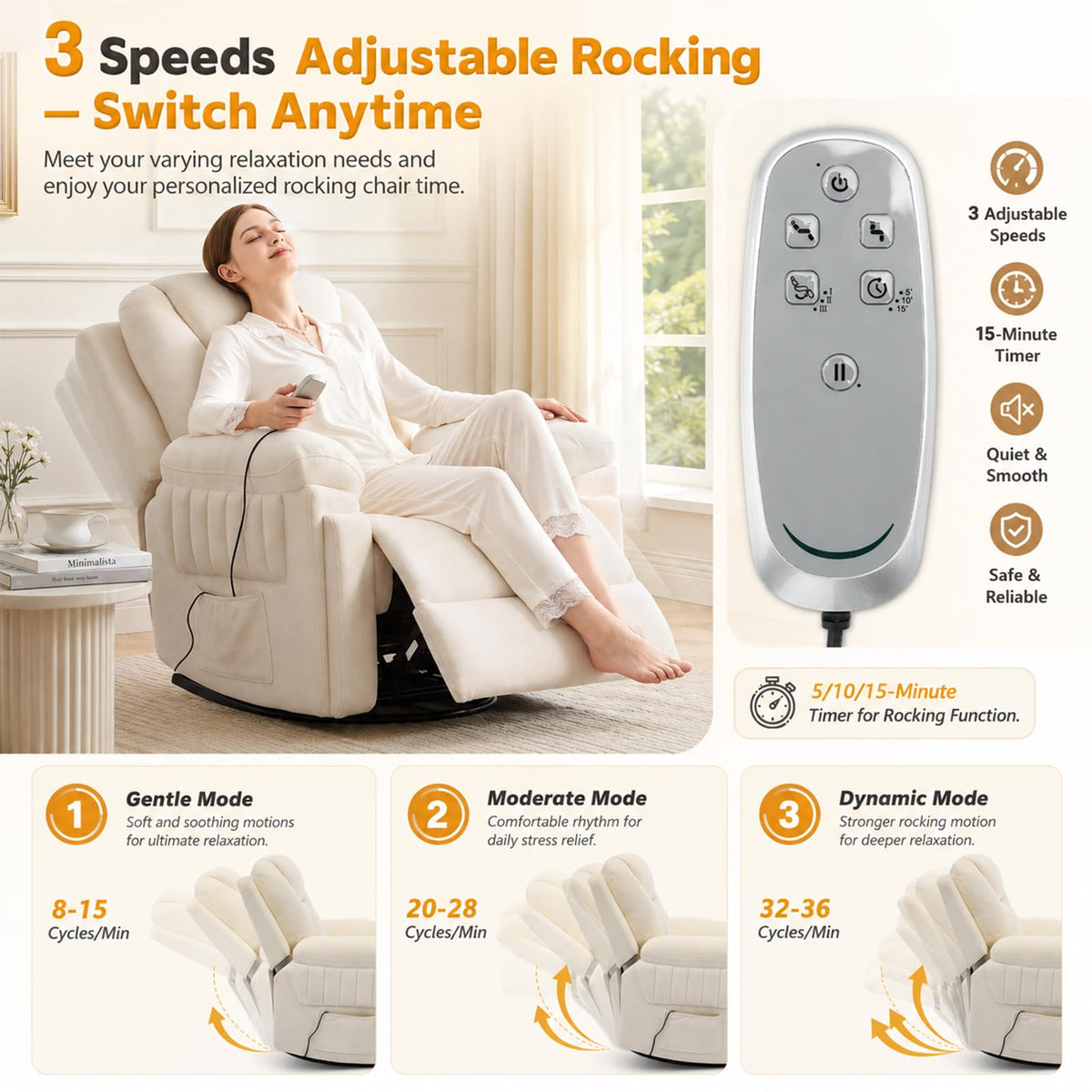 Cream White Electric Automatic Rocking Recliner Chair E9288